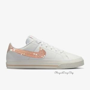 Women's Bling Nike Court Legacy White Pink Sneakers made with Crystals Custom